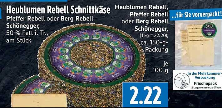 Heublumen Rebell Schnittkäse Pfeffer Rebell oder Berg Rebell Schönegger, 50 % Fett i. Tr., am Stück