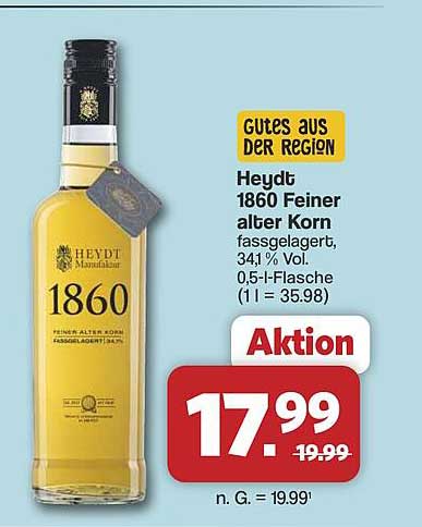 Heydt 1860 Feiner alter Korn fassgelagert, 34,1 % Vol., 0,5-l-Flasche (1 l = 35.98)