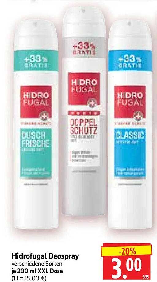Hidrofugal Deospray verschiedene Sorten je 200 ml XXL Dose (1 l = 15.00 €)