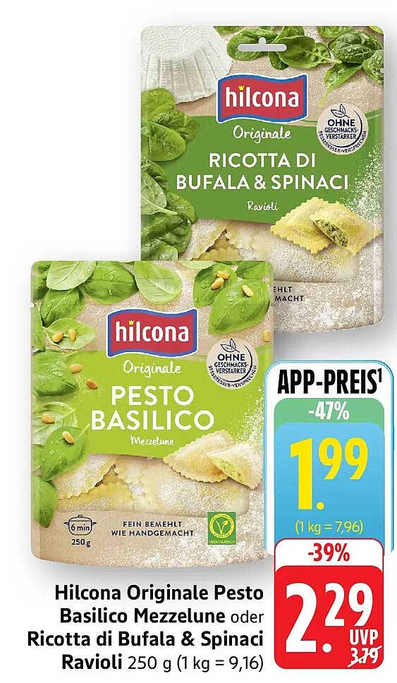 Hilcona Originale Pesto Basilico Mezzelune oder Ricotta di Bufala & Spinaci Ravioli 250 g (1 kg = 9,16)
