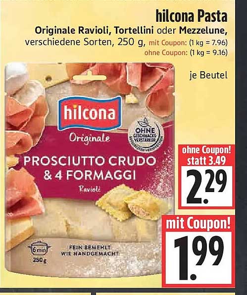 hilcona Pasta Originale Ravioli, Tortellini oder Mezzelune, verschiedene Sorten, 250 g, mit Coupon