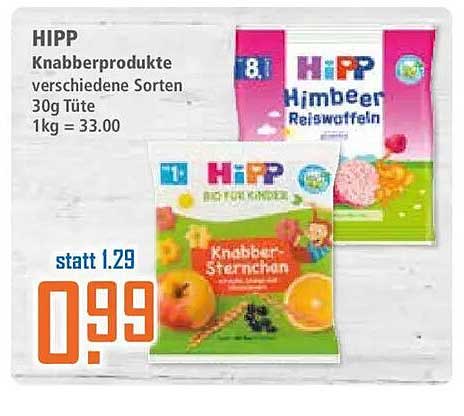 HIPP Knabberprodukte verschiedene Sorten 30g Tüte 1kg = 33.00