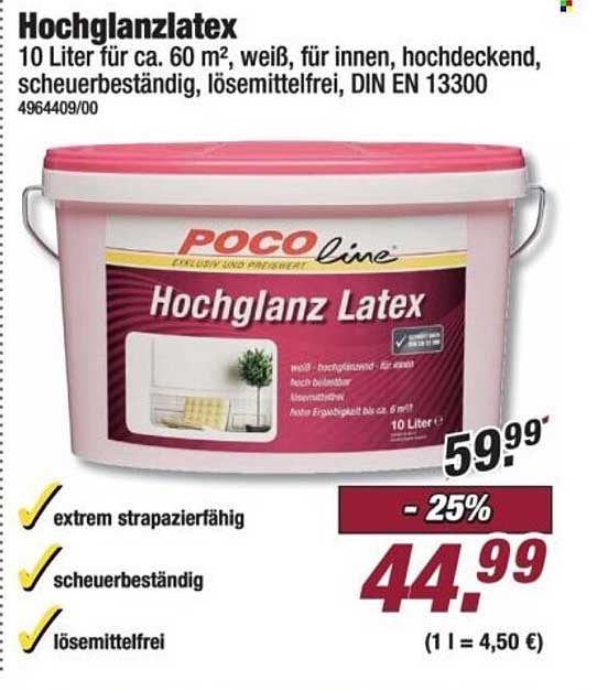 Hochglanzlatex 10 Liter für ca. 60 m², weiß, für innen, hochdeckend, scheuerbeständig, lösemittelfrei, DIN EN 13300