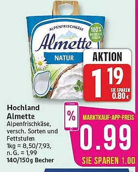 Hochland Almette Alpenfrischkäse, versch. Sorten und Fettstufen, 1kg = 8,50/7,93, n.G. = 1,99 140/150g Becher