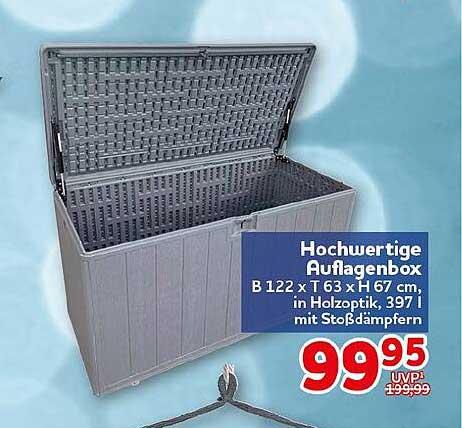 Hochwertige Auflagenbox B 122 x T 63 x H 67 cm, in Holzoptik, 397 l mit Stoßdämpfern