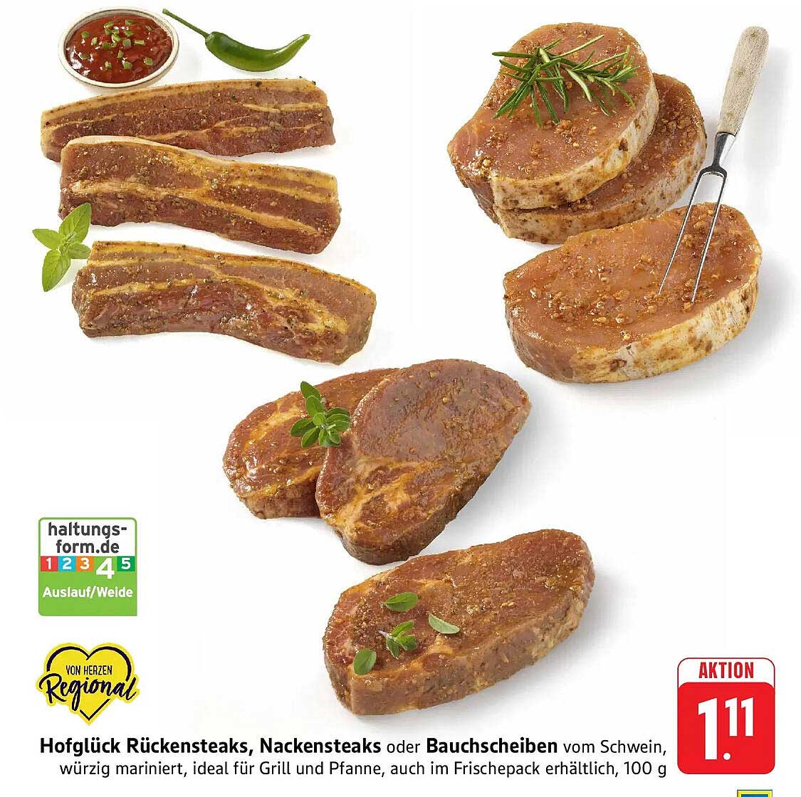 Hofglück Rückensteaks, Nackensteaks oder Bauchscheiben vom Schwein, würzig mariniert, ideal für Grill und Pfanne, auch im Frischepack erhältlich, 100 g