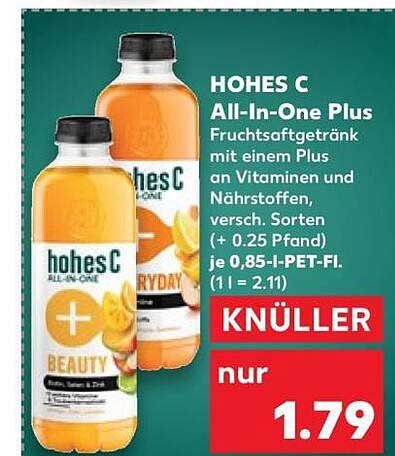 HOHES C All-In-One Plus Fruchtsaftgetränk mit einem Plus an Vitaminen und Nährstoffen, verscht. Sorten (+ 0.25 Pfand) je 0,85-l-PET-Fl. (1 l = 2,11)