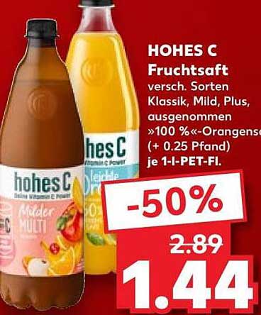 HOHES C Fruchtsaft versch. Sorten Klassik, Mild, Plus, ausgenommen »100 %«-Orangensaft (+ 0.25 Pfand) je 1-l-PET-Fl.