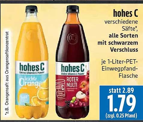 hohes C verschiedene Säfte*, alle Sorten mit schwarzem Verschluss je 1-Liter-PET-Einwegpfand-Flasche