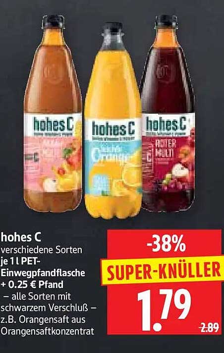 hohes C verschiedene Sorten je 1 l PET-Einwegpfandflasche + 0.25 € Pfand – alle Sorten mit schwarzem Verschluß – z.B. Orangensaft aus Orangensaftkonzentrat