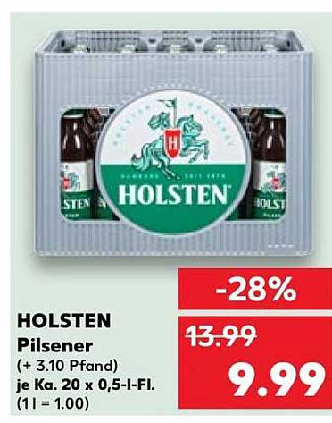 HOLSTEN Pilsener (+ 3.10 Pfand) je Ka. 20 x 0,5-l-Fl. (1 l = 1.00)
