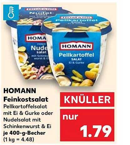 HOMANN Feinkostsalat Pellkartoffelsalat mit Ei & Gurke oder Nudelsalat mit Schinkenwurst & Ei je 400-g-Becher (1 kg = 4,48)