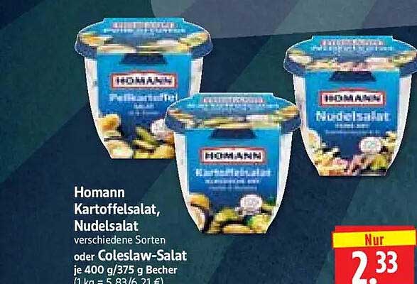 Homann Kartoffelsalat, Nudelsalat verschiedene Sorten oder Coleslaw-Salat je 400 g/375 g Becher