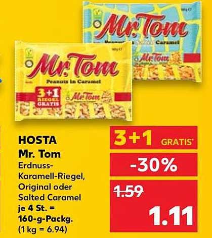 HOSTA Mr. Tom Erdnuss-Karamell-Riegel, Original oder Salted Caramel je 4 St. = 160-g-Packg. (1 kg = 6.94)
