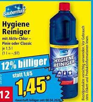 Hygiene Reiniger mit Aktiv-Chlor Pinie oder Classic je 1,5 l (1 l = .97)