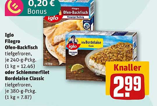 Iglo Filegro Ofen-Backfisch tiefgefroren, je 240-g-Pckg. (1 kg = 12.46) oder Schlemmerfilet Bordelaise Classic tiefgefroren, je 380-g-Pckg. (1 kg = 7.87)