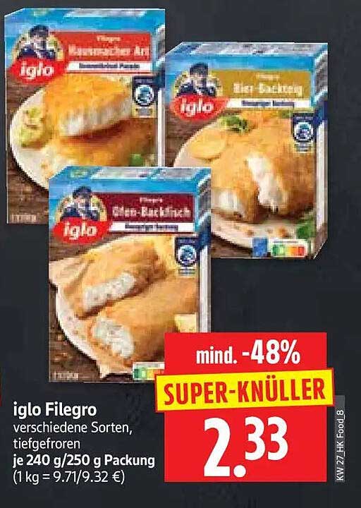 iglo Filegro verschiedene Sorten, tiefgefroren je 240 g/250 g Packung (1 kg = 9.71/9.32 €)
