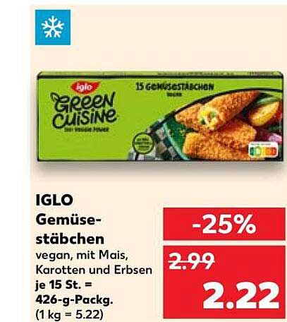 IGLO Gemüse-stäbchen vegan, mit Mais, Karotten und Erbsen je 15 St. = 426-g-Packg. (1 kg = 5.22)