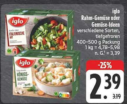 iglo Rahm-Gemüse oder Gemüse-Ideen verschiedene Sorten, tiefgefroren 400–500 g Packung 1 kg = 4,78–5,98 G.1 = 3,39