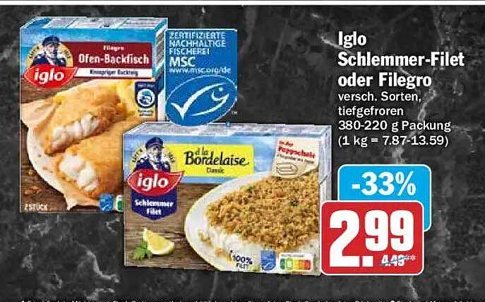 Iglo Schlemmmer-Filet oder Filegro versch. Sorten, tiefgefroren 380-220 g Packung (1 kg = 7.87-13.59)