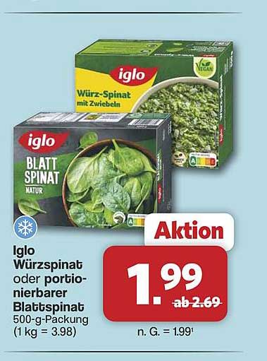 Iglo Würzspinat oder portionierbarer Blattspinat 500-g-Packung (1 kg = 3.98)