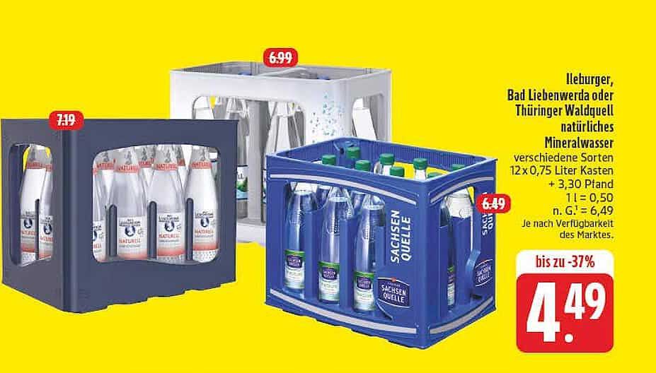 Ileburger, Bad Liebenwerda oder Thüringer Waldquelle natürliches Mineralwasser verschiedene Sorten 12 x 0,75 Liter Kasten + 3,30 Pfand