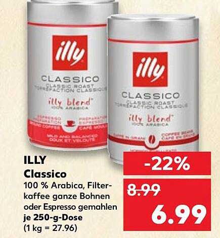 ILLY Classico 100 % Arabica, Filterkaffee ganze Bohnen oder Espresso gemahlen je 250-g-Dose (1 kg = 27.96)