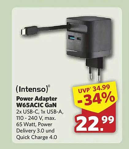 (Intenso) Power Adapter W65ACIC GaN 2x USB-C, 1x USB-A, 110 - 240 V, max. 65 Watt, Power Delivery 3.0 und Quick Charge 4.0
