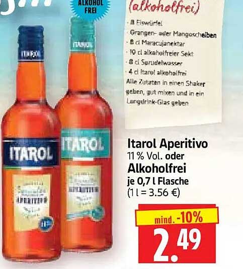 Itarol Aperitivo 11 % Vol. oder Alkoholfrei je 0,7 l Flasche (1 l = 3.56 €)
