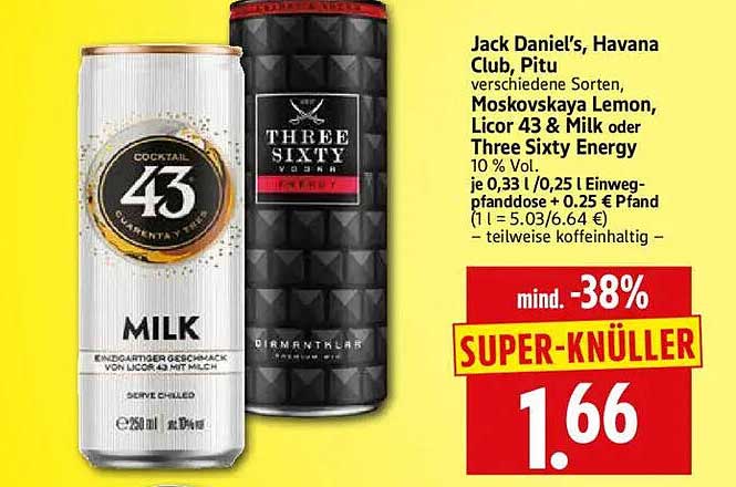Jack Daniel's, Havana Club, Pitu verschiedene Sorten, Moskovskaya Lemon, Licor 43 & Milk oder Three Sixty Energy