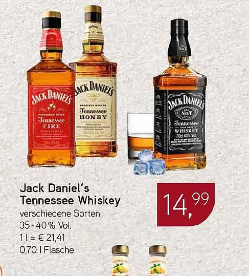Jack Daniel’s Tennessee Whiskey verschiedene Sorten 35 - 40 % Vol. 1 l = 21,41 0,70 l Flasche