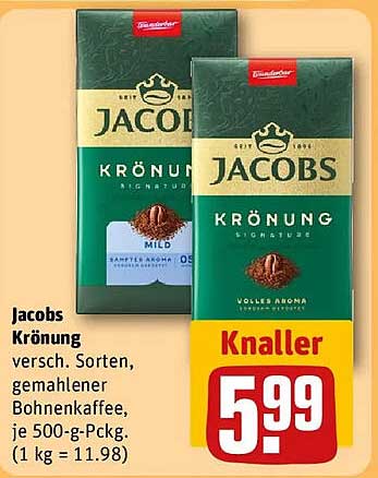 Jacobs Krönung versch. Sorten, gemahlener Bohnenkaffee, je 500-g-Pckg. (1 kg = 11.98)