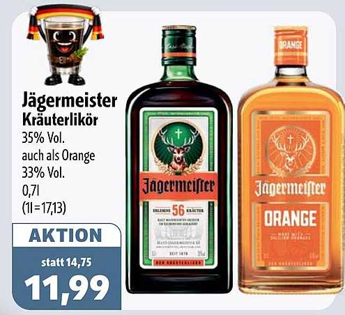 Jägermeister Kräuterlikör 35% Vol. auch als Orange 33% Vol. 0,7 l (1l=17,13)