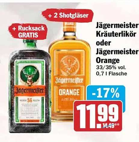 Jägermeister Kräuterlikör oder Jägermeister Orange 33/35% vol. 0,7 l Flasche