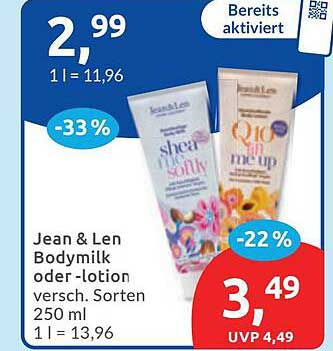 Jean & Len Bodymilk oder -lotion versch. Sorten 250 ml