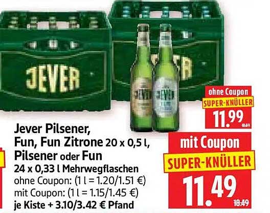 Jever Pilsener, Fun, Fun Zitrone 20 x 0,5 l, Pilsener oder Fun 24 x 0,33 l Mehrwegflaschen