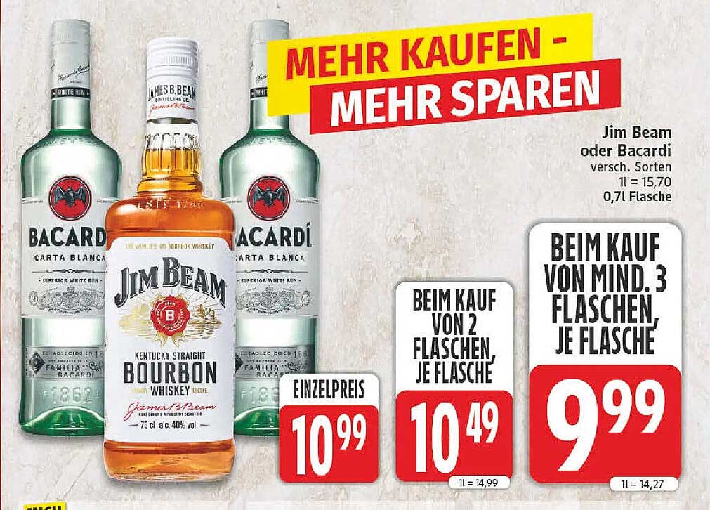 Jim Beam oder Bacardi versch. Sorten 0,7l Flasche
