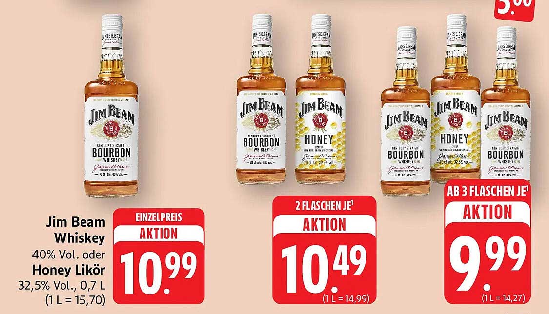Jim Beam Whiskey 40% Vol. oder Honey Likör 32,5% Vol., 0,7 L