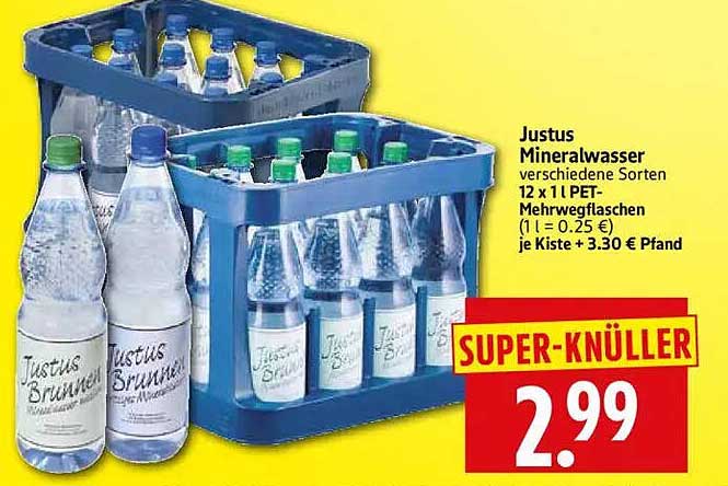 Justus Mineralwasser verschiedene Sorten 12 x 1 l PET-Mehrwegflaschen