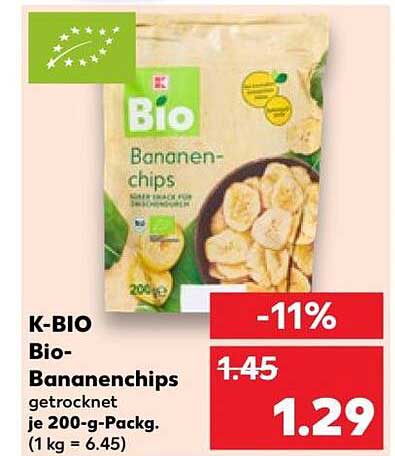 K-BIO Bio-Bananenchips getrocknet je 200-g-Packg. (1 kg = 6.45)