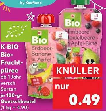 K-BIO Bio-Fruchtpüree ab 1 Jahr, versch. Sorten je 100-g-Quetschbeutel