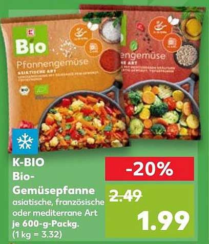 K-BIO Bio-Gemüsepfanne asiatische, französische oder mediterrane Art je 600-g-Packg. (1 kg = 3.32)