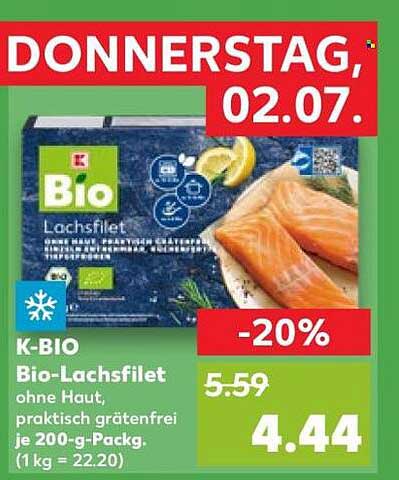 K-Bio Bio-Lachsfilet ohne Haut, praktisch grätenfrei je 200-g-Packg. (1 kg = 22.20)