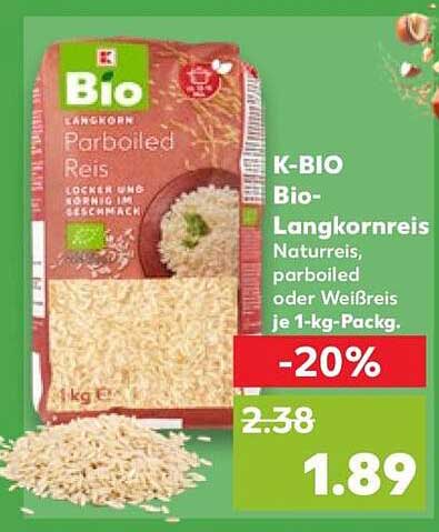 K-BIO Bio-Langkornreis Naturreis, parboiled oder Weißreis je 1-kg-Packg.