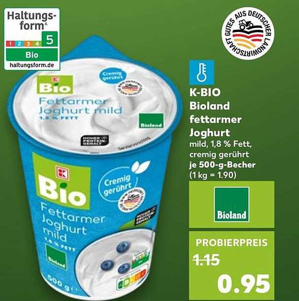 K-BIO Bioland fettarmer Joghurt mild, 1,8 % Fett, cremig gerührt je 500-g-Becher (1 kg = 1.90)
