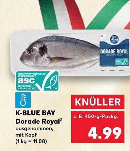 K-BLUE BAY Dorade Royal² ausgenommen, mit Kopf (1 kg = 11.08)