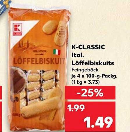 K-CLASSIC Ital. Löffelbiskuits Feingebäck je 4 x 100-g-Packg. (1 kg = 3.73)