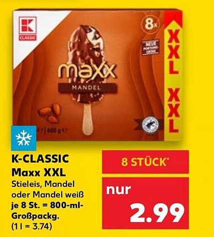 K-CLASSIC Maxx XXL Stieleis, Mandel oder Mandel weiß je 8 St. = 800-ml-Großpackg.