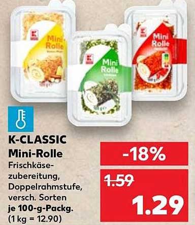K-CLASSIC Mini-Rolle Frischkäsezubereitung, Doppelrahmstufe, versch. Sorten je 100-g-Packg. (1 kg = 12.90)