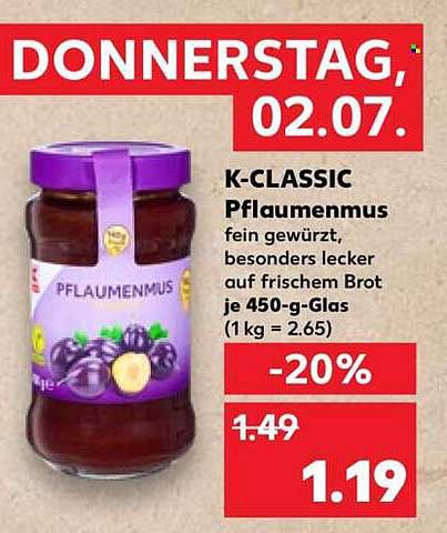 K-CLASSIC Pflaumenmus fein gewürzt, besonders lecker auf frischem Brot je 450-g-Glas (1 kg = 2.65)